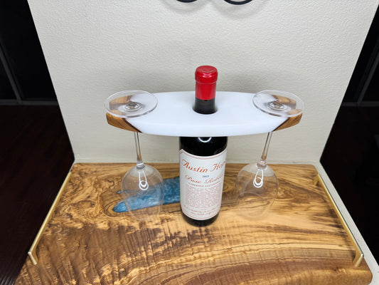 Wine Caddy – Handmade Olive Wood & White Epoxy - Classic Style
