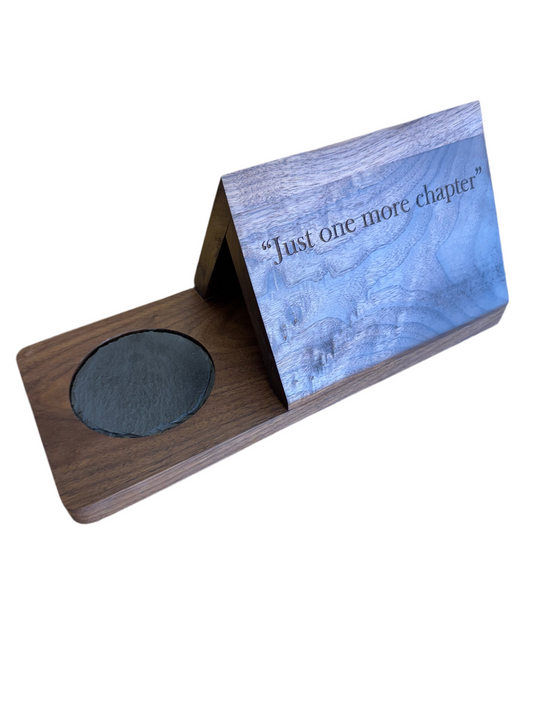 Walnut Book & Drink Holder – “Just One More Chapter”