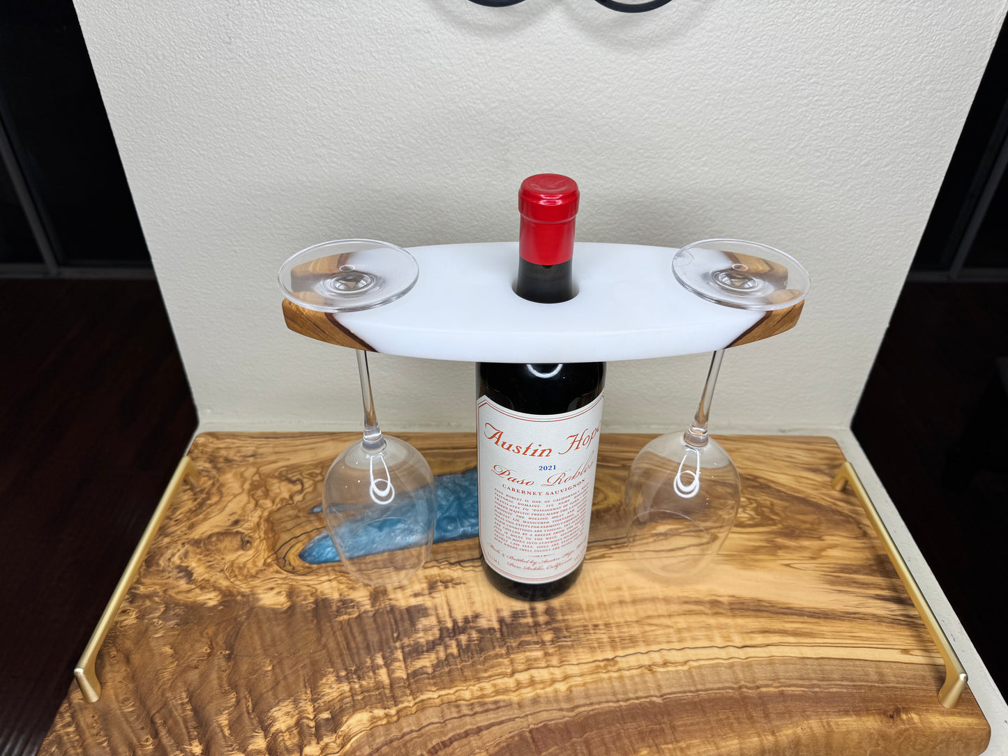 Wine Caddy – Handmade Olive Wood & White Epoxy - Classic Style
