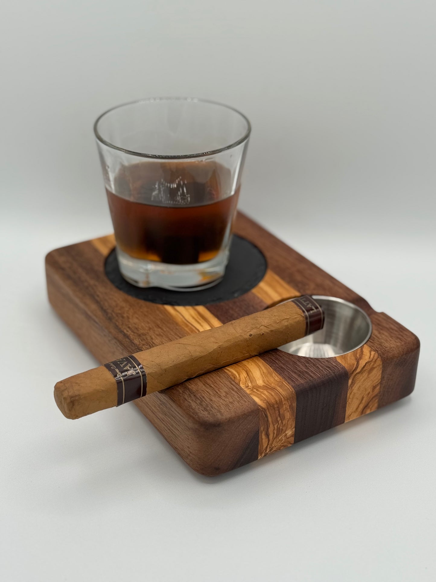 Whiskey & Cigar Tray - Olive Wood and Walnut