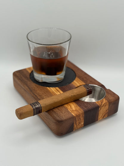 Whiskey & Cigar Tray - Olive Wood and Walnut