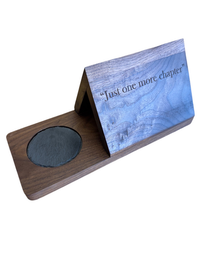 Walnut Book & Drink Holder – “Just One More Chapter”
