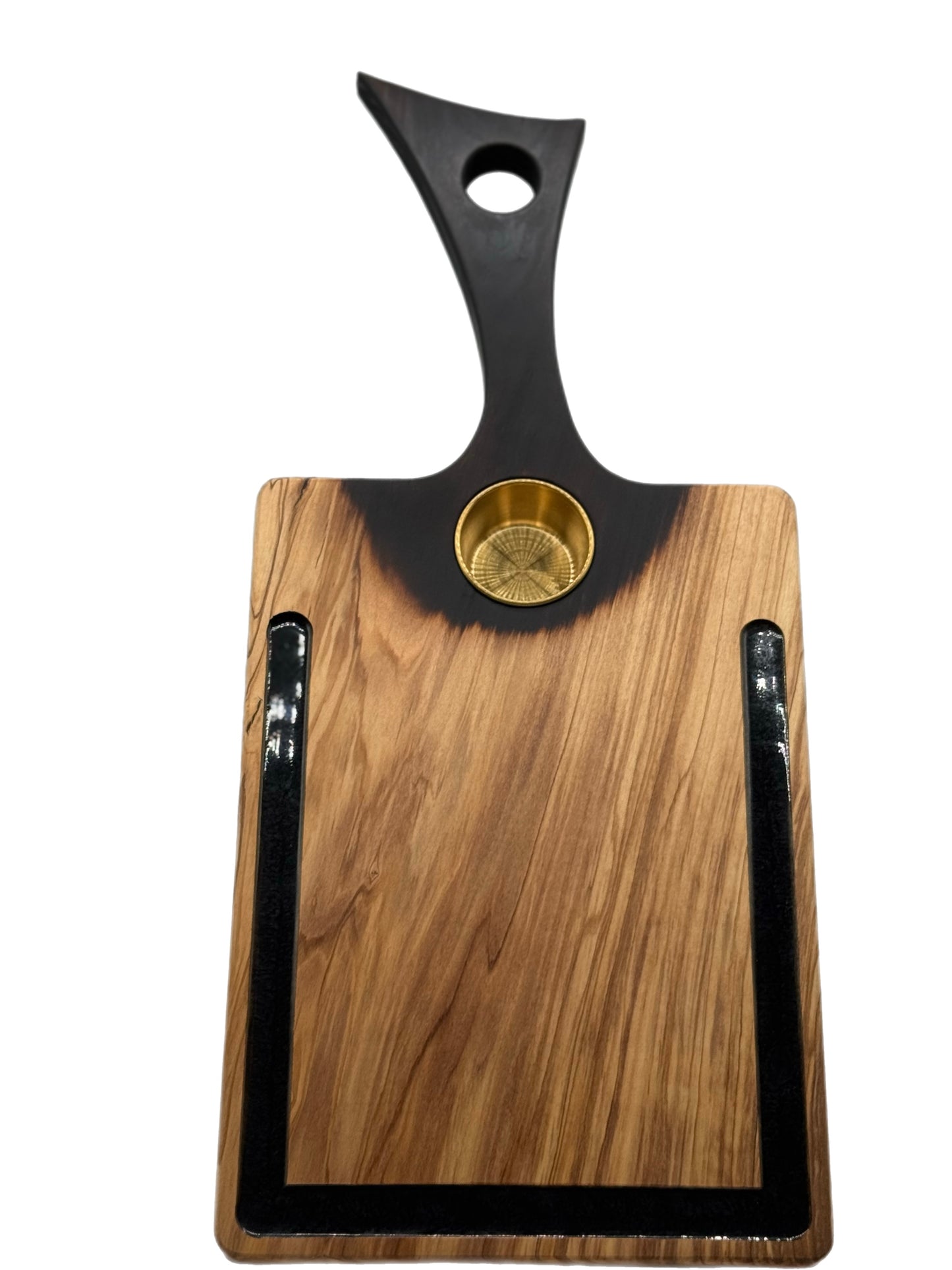 Olive Wood Charcuterie Board with Charred Handle, Epoxy Groove & Gold Ramekin
