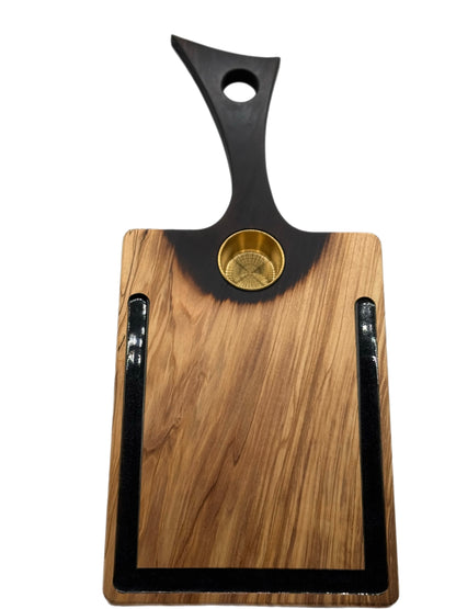 Olive Wood Charcuterie Board with Charred Handle, Epoxy Groove & Gold Ramekin