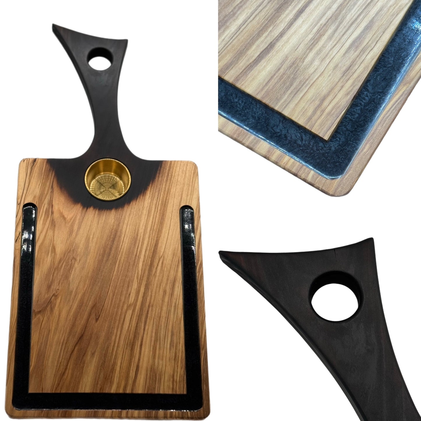 Olive Wood Charcuterie Board with Charred Handle, Epoxy Groove & Gold Ramekin