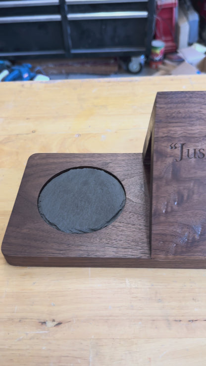 Walnut Book & Drink Holder – “Just One More Chapter”